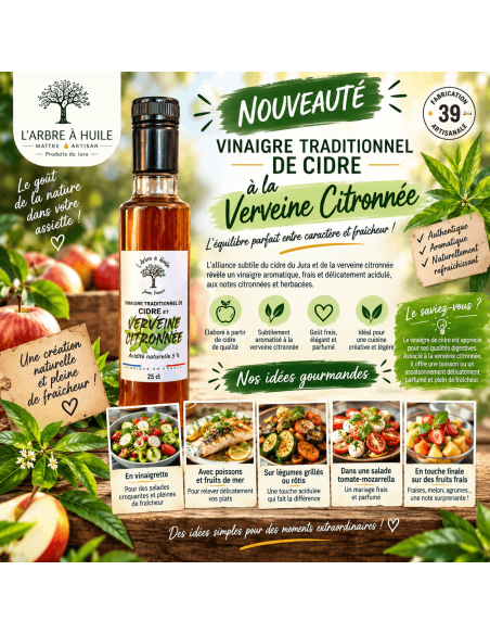 Vinaigre de Cidre BIO a la Verveine Citronnée L'ARBRE A HUILE Un vi...