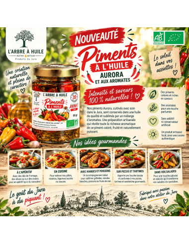 Piments à l'huile 90gr Le Piment à l’Huile Aurora de L’ARBRE À HUIL...