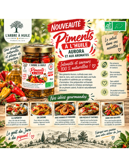 Piments à l'huile 90gr Le Piment à l’Huile Aurora de L’ARBRE À HUIL...
